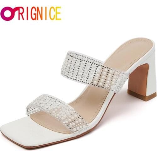 Orignice Summer New Women Thick High Heel Slippers Open Toe Outdoor Sandals Rhinestones Fashion Sexy Clear PVC Party Shoes