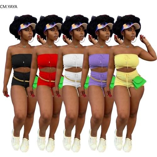 CM.YAYA Women Sport Solid Two Piece Set Strapless Crop Top Shorts Jogger Sweatpants Suit Tracksuit Matching Set Fitness Outfits