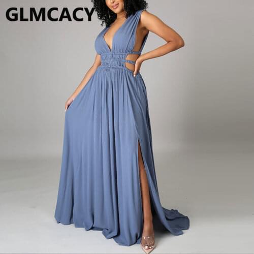 Women Sleeveless V Neck Tunic Maxi Dress Elegant High Slit Dress