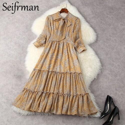 Seifrmann New 2021 Summer Women Fashion Designer Party Midi Dress Bow Ruffles Lantern Sleeve Elastic Waist Floral Print Dresses