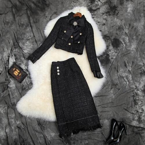 2020 autumn winter women designer celebrity tweed skirt set OL elegant big bow short coats + taseel long skirt suit set y722