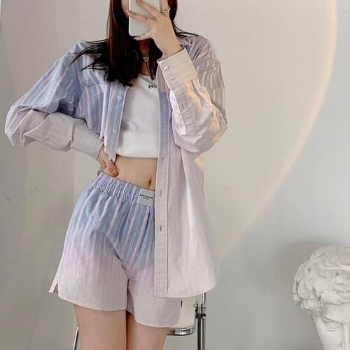 2021 European and American Stripes Hanging-dye Silhouette Shirt Shorts Suit