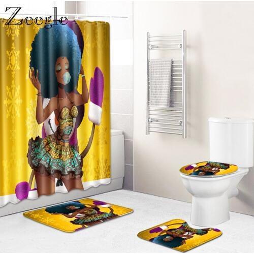 Zeegle African Woman Shower Curtain 4pcs Bath Mat Set Anti-slip Bathroom Rug Shower Mat Toilet Cover Seat Mat Bathroom Curtain