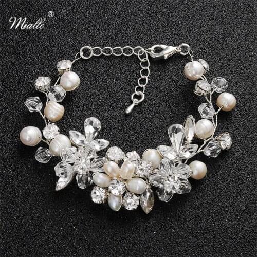 Miallo Classic Freshwater Pearls Wedding Chain & Link Bracelets Austrian Crystal Bridal Wedding Jewelry Accessories Bracelets