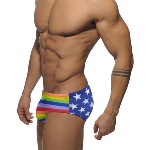 Brand Swim suit Wear Briefs Swimming Low waist Sexy gay RainBow Bikini Swimsuit Beach Short Star Surfing men bathing suit