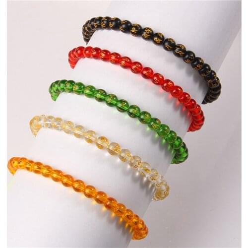 Motto Beads Bracelets 6 mm Polished Yellow Glass Beads Bangle Buddhism Six Words Stretch Jewerly Women Pulsera Birthday Gifts