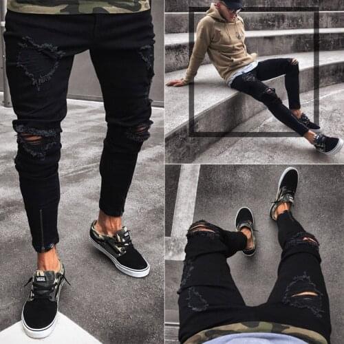 Fashion Men Denim Pants Solid Color High Street Style Trousers Exercise Cool Skinny Knee Hole Ripped Stretch Slim Elastic Cowboy