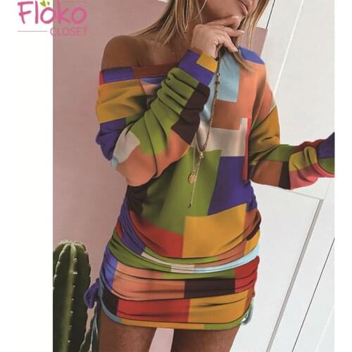 Flokocloset Fashion Contrast Color Print Long Sleeve Pleated Mini Dress Casual O-Neck Drawstring Bodycon Dresses