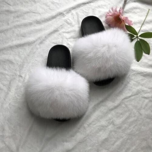 Hot sale customized fox fur slide mixed colors pink purple blue fluffy slippers
