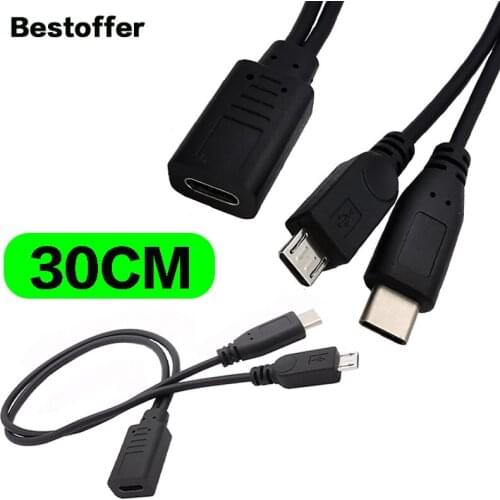 0.3 Meters 2 in 1 Type-C Female to USB 3.1 Type C Male+Micro 5 Pin Male Charger Data Cable