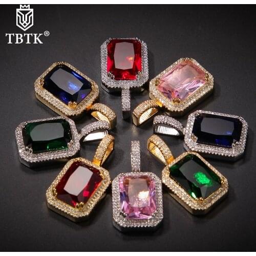 TBTK Square Cooper Iced Out Cubic Zirconia Gem Pendant Gold Silver Color Luxury Necklace Trendy Jewelry Dropshipping