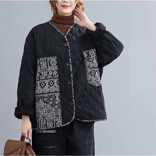 Plus Size Autumn Winter Jackets Women Long Sleeve Single Breasted Short Oversize Vintage Print Cotton Linen Thick Loose Outwear