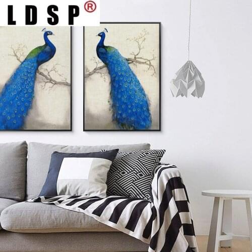 LDSP Living Home Decor Canvas Wall Art Painting Retro Style Beautiful Blue Peacock Standing On The Tree Print Poster Picture