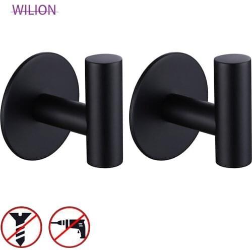 2pcs No Drilling Matt Black Bathroom Robe Hook With Self Adhesive Tape Kitchen Holder Stainless Steel Material