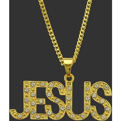 2019 Hip Hop Jewelry Fashion JESUS Letter Pendant Necklaces Women Men Rhinestone Gold Long Chain Necklaces & Pendants Gifts