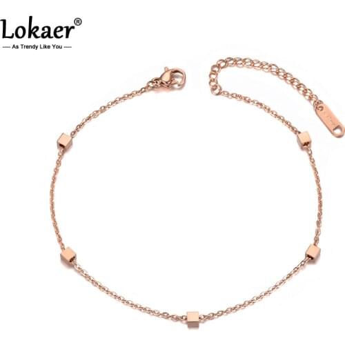 Lokaer Bohemia Rose Gold Beach Anklet Foot Jewelry Titanium Stainless Steel 5Pcs Square Chain & Link Anklets For Women A19006