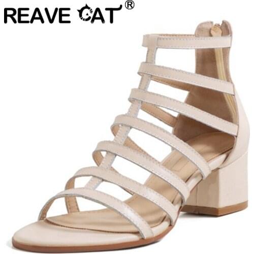 REAVE CAT 2021 Genuine Leather Gladiator Sandals Narrow Band Roman Open Toe Zip 5.5cm Chunky Cover Heel US12 Black Beige A4303