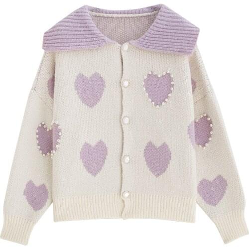 Sweet Sweater Tops Women Pearl Beading Heart Sweater Cardigans Women 2022 Autumn Peter Pan Collar Cute Knitwear Female CX2207