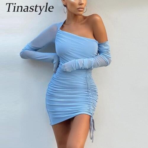 Tinastyle Off One Shoulder Mesh Sexy Party Dress 2021 Long Sleeve See Through Bodycon Bandage Nightclub Dress Black Summer Dress