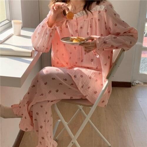 Women cotton gauze pajamas long sleeve autumn pajama set lacework cute print two piece casual loose sexy nightwear trousers L442