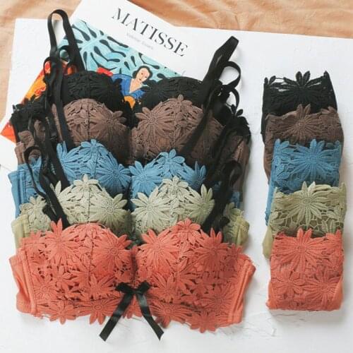 Wasteheart Women Fashion Orange Green Padded Appliques Bow Bras Cotton Panties Push Up Bra Set Sexy Lingerie Set Underwear A B