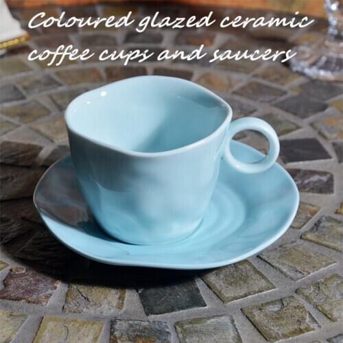200ml Coloured Glazed Ceramic Coffee Cup and Saucer Set Blue Cafe Cup