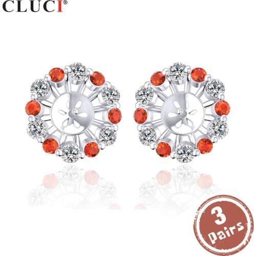 CLUCI 3 pair wholesale 925 Sterling Silver Stud Earrings Pearl Earring Mounting Zircon Earrings for Women Silver 925 SE086SB