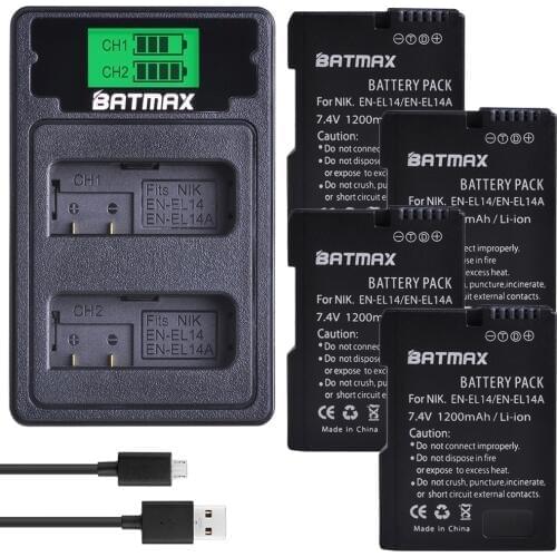 4Pcs EN-EL14 ENEL14 EN EL14 Battery Pack + LCD USB Charger with Type C Port for Nikon D5200 D3100 D3200 D5100 P7000 P7100 MH-24
