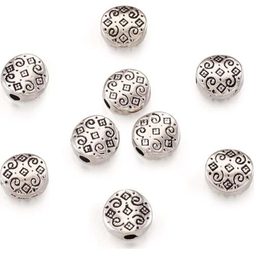 50pcs Jewelry Findings Tibetan Style Beads Flat Round Beads Spacer for DIY Jewelry Making Antique Silver Color 7x7x3mm