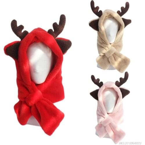 Free Shipping Red Khaki Pink Deer Hooded Scarf Plush Feel Hat Super Soft Warm Hat With Neck Flaps Funny Plush Feel Hooded Party
