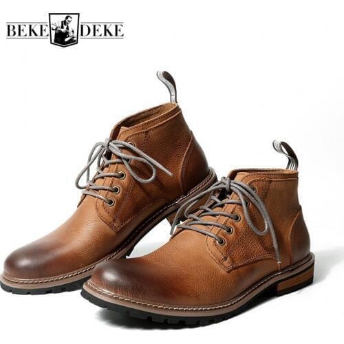 England Style Winter Real Leather Ankle Lace Up Mens Safety Shoes Vintage Fashion Round Toe High-Top Cowhide Male Desert Boots