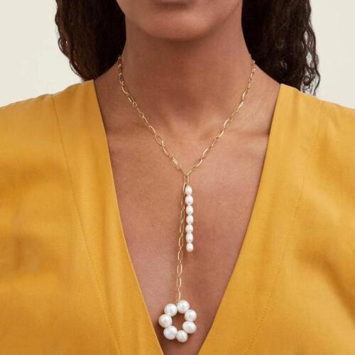 DM Jewelry Pearl Dangle Necklace Bohemian Simple Fashion Stainless Steel Collares De Moda Chain Women Good Luck Necklace