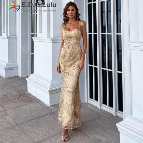 EDGLuLu Spaghetti Strap Square Neck Backless White Lace Dress Elegant Party Embroidery Floral Sleeveless Split Long Dress 0619