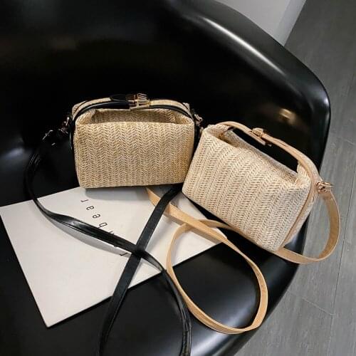 Fashion Straw Woven Women Shoulder Bag PU Leather Splicing Portable Handbags Summer Beach Travel Holiday Casual Crossbody Bag