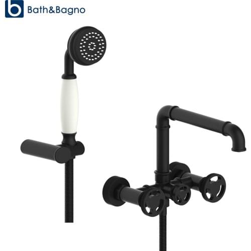 Bathtub Shower Faucet Set Modern Industrial INS Black Bathroom Shower Mixer Tap Brass Dual Handle Wall Mounted With Hand Shower