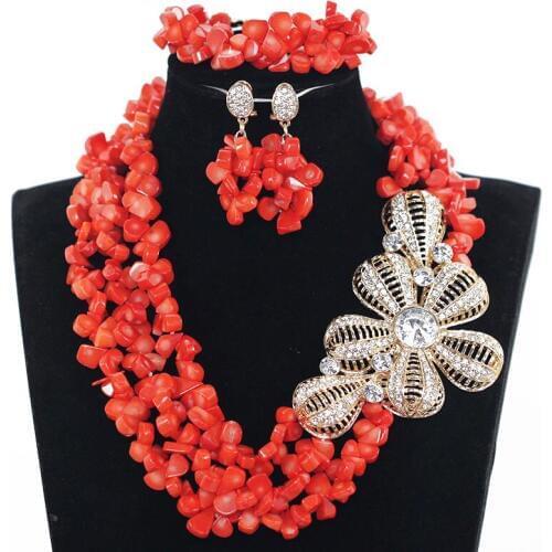 Latest Design Nigerian Coral Beads Jewelry Set Real Coral Wedding African Beads Big Gold Pendant Statement Necklace Set CNR832