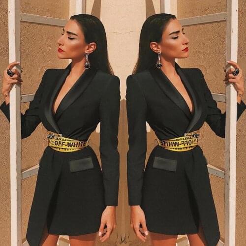 New Arrival Black Belt Blazer Elegant High Fashion Long Sleeves Poackets Coat Vintage Vestios