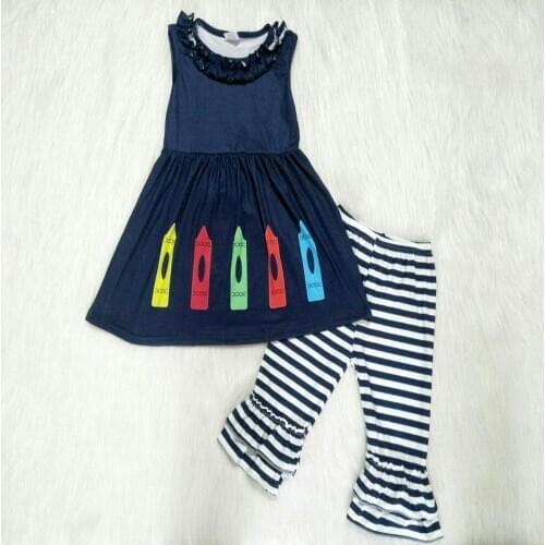 New arrival pencil outfits for baby girls school style sleeveless top+striped flare pants 2 pcs sets girl back to school outfit