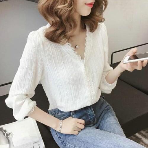2021 Autumn V-Neck Puff Sleeve Solid Womens Blouse Striped Lace Shirts Plus Size Long Sleeve Single Breasted Shirts Chic 11087