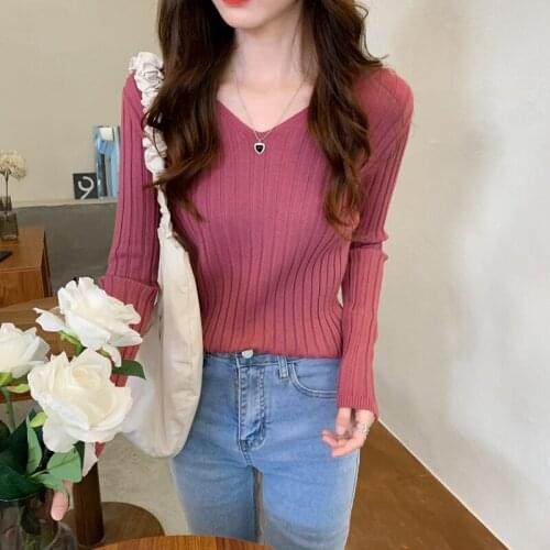 2021 autumn and winter new Korean version of the pullover Slim-fit inner knit v-neck bottoming shirt sweater top