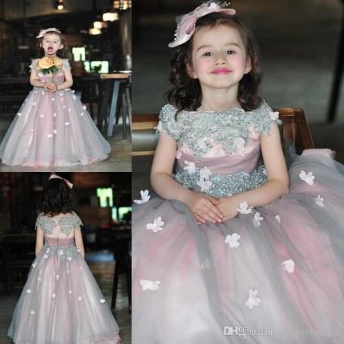 Pink And Silver Girls Pageant Gowns 2021 Flora Appliques Cap Sleeve Flower Girl Dresses For Wedding Zipper Back Baby Birthday Pa