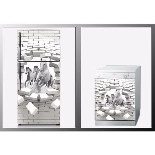 3D White Horses Breaking Wall Art Design SelfAdhesive Refrigerator Dishwasher Door Sticker Wallpaper wall sticker Kitchen