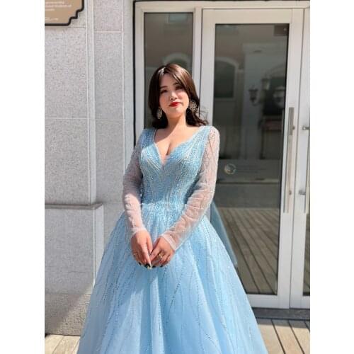 Blue Long Sleeves Porm Fashion A-Line Ladies Beading Formal Crystals Luxury Evening Party Dark Gowns New1670