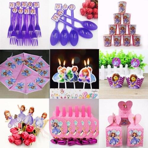 Sofia Princess Party Supplies Napkins CandlesTablecloth Plates Cup Knives And Forks Spoon seal Popcorn Birthday Party Decoration