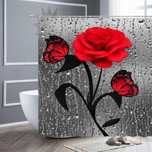 Waterproof Fabric Shower Curtain Red Rose Love Tree Rural Scenery Bathroom Decor Curtains Bathtub Screen Valentine’s Day Gift