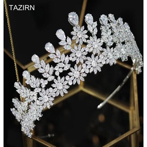 5A Level Full CZ Crowns and Tiaras Fashion Cubic Zirconia Pageant Hair Accessories for Women Big Tall Bridal Wedding Headpiece