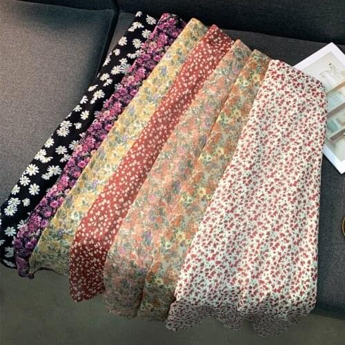 Summer Chiffon Beach Boho Maxi Women Skirt High Waist Floral Print Vintage Holiday Ruched Long Fashion Skirts