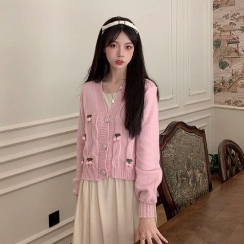 Autumn New Japanese Cute Sweet Cherry Crop Top Sweater V-Neck Puff Sleeve Short Sweaters Coat Kawaii Women Pink Knitted Cardigan
