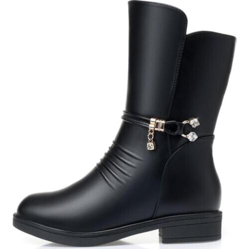 Winter Women Mid Calf Boots Casual Pure Color Round Toe Zipper Plush Warm Female Shoes Vintage Snow Boots Botas Mujer Plus Size