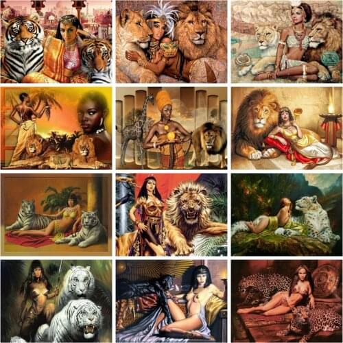 Huacan 5d Diy Diamond Painting Mosaic Lion Woman Home Decor Diamond Embroidery Portrait Animal Diamond Art